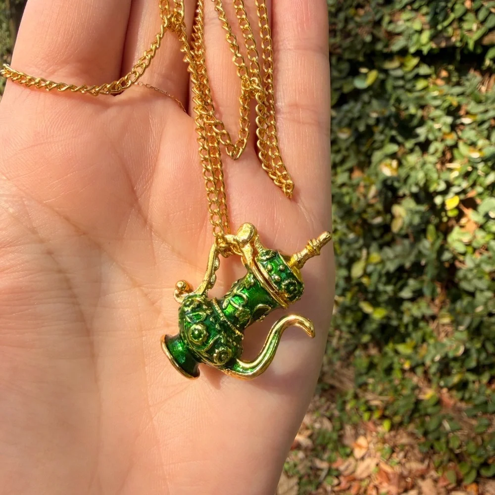 Gold Chain Necklace with Green Enamel Teapot Pendant